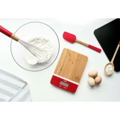 Balance De Cuisine*PEBBLY Balance de Cuisine Electronique Bambou Rectangle Rouge 23 x 16 cm