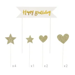 Décoration Gâteau*PATISDECOR Cake Topper Happy Birthday Cœurs et Étoiles Dorés (x10) Patisdécor
