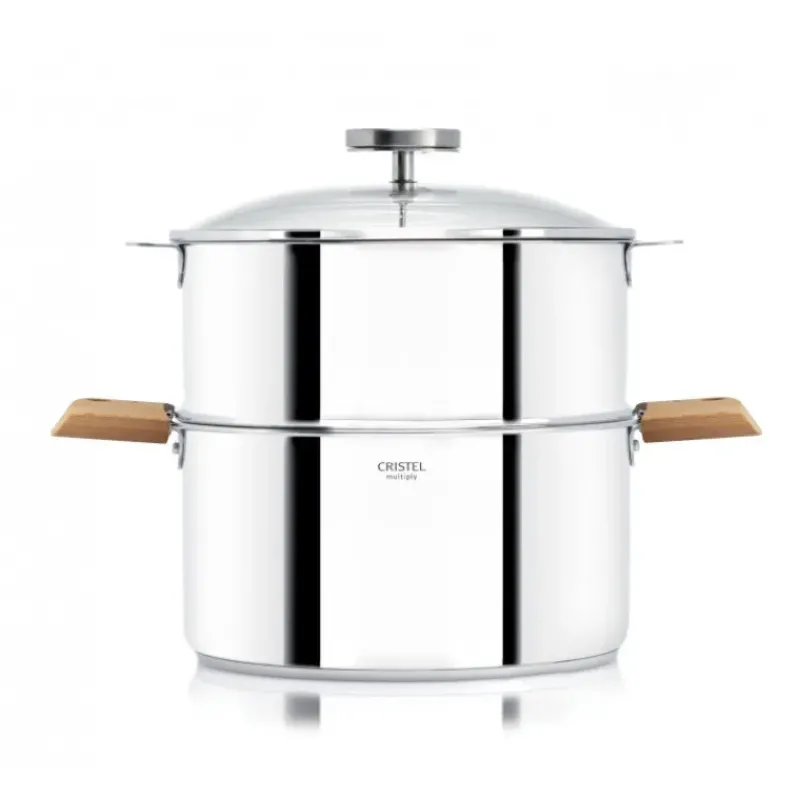 Cuiseur Vapeur|Casseroles*CRISTEL Casserole et Cuit Vapeur Inox Ø 24 cm Anses Hêtre Biome