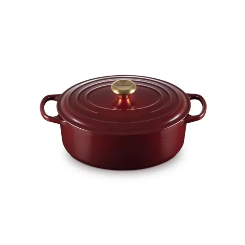 Cocotte En Fonte*LE CREUSET Cocotte en Fonte Ovale 29 cm Garnet Bouton Doré Signature