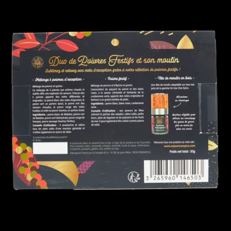 Poivre*UN JOUR UNE EPICE Coffret Poivres Festifs avec Tête de Moulin