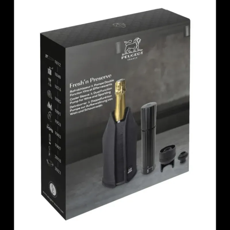 Accessoires Vin*PEUGEOT Coffret Pompe à Vin et Champagne Double Manuelle ABS + Rafraichisseur Frizz Noir