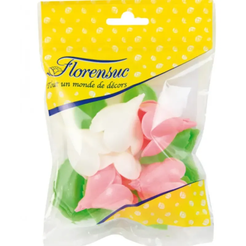 Décoration Comestible*FLORENSUC Fleurs de rose blanches et roses x6, grandes feuilles x12 - en Azyme