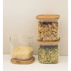 Conservation*PEBBLY Lot 3 Boîtes de Conservation en Verre et Bambou Carré 800 ml