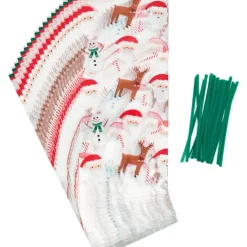 Emballage Alimentaire*WILTON Sachet Bonbon Esprit de Noël 11 x 23,5 cm avec Attaches Sachet (x20)